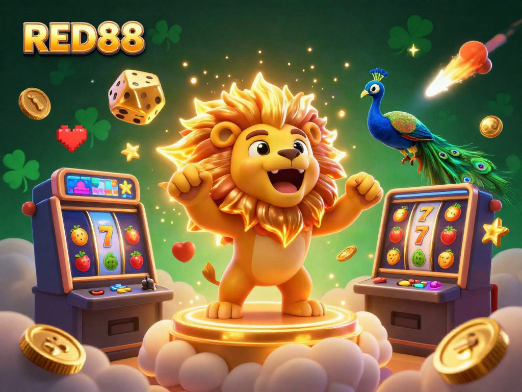 Play at RED88 casino with vibrant slot games and dynamic characters in a thrilling 3D illustration.