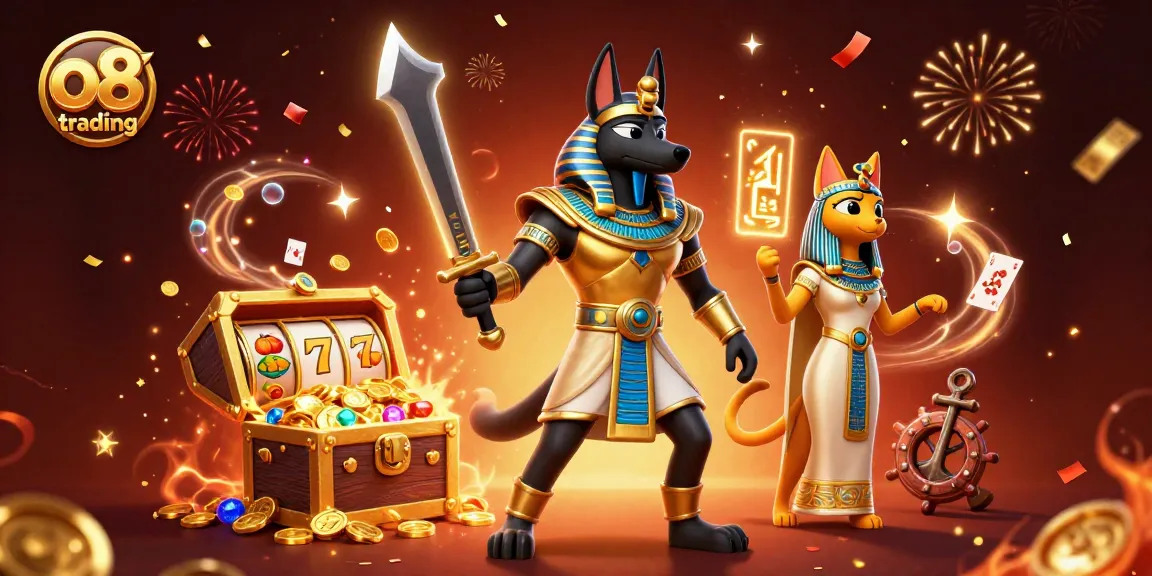 Experience the excitement of o8 trading with Anubis and Bastet amidst dynamic casino elements.