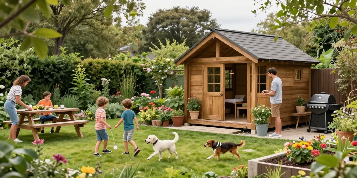 Schönes Gartenhaus aus Holz, umgeben von üppigem Grün, Familienaktivitäten auf der Wiese.