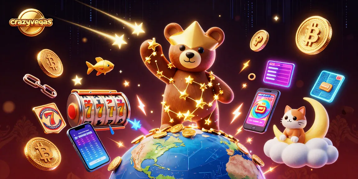 Spin with crazyvegas as the constellation bear scoops gold coins amidst vibrant slot elements.