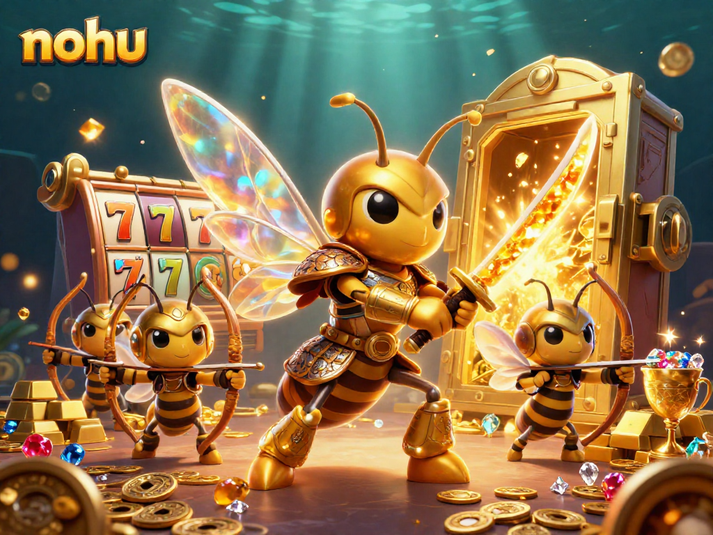 Nohu spins slot reels amid a vibrant 3D digital casino scene filled with treasures.