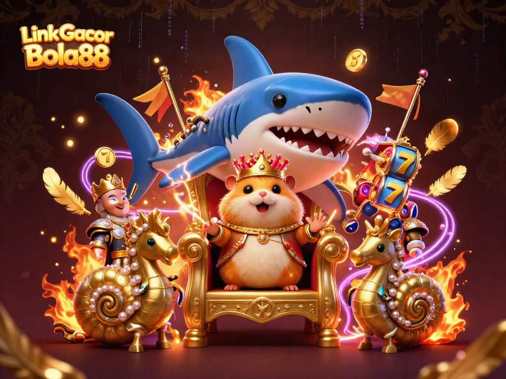 Spin to win at Link Gacor Bola88, featuring a fierce hamster king and festive slot themes.