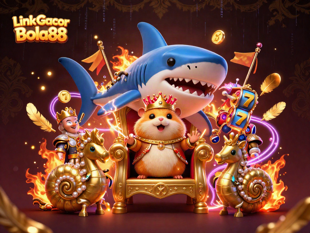 Spin to win at Link Gacor Bola88, featuring a fierce hamster king and festive slot themes.