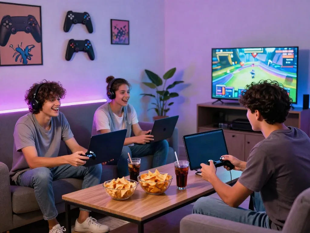 Group of friends playing games together, embodying the rokok88 daftar experience.