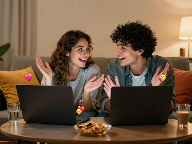Couple enjoying a lively porn chat on a laptop in a cozy setting.