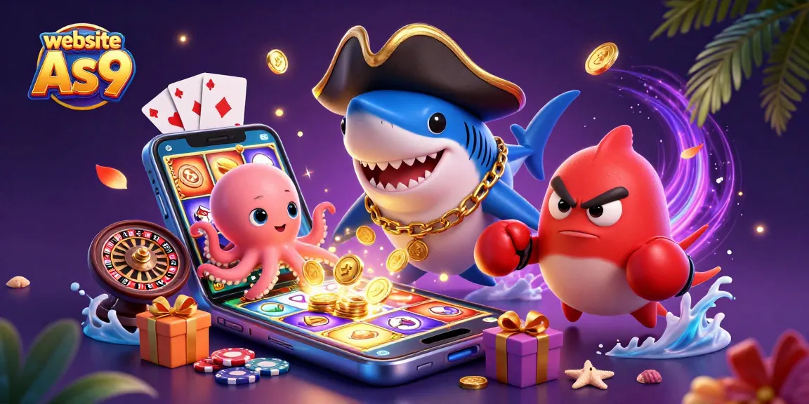Engage with thrilling games at website As9 featuring a pirate shark and vibrant casino elements.