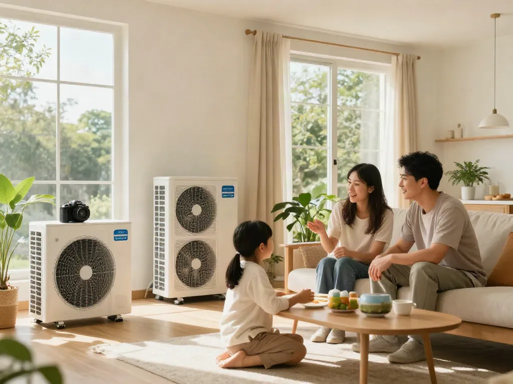 Wärmepumpen in modernem Zuhause mit Familie im Wohnzimmer und natürlichem Licht.
