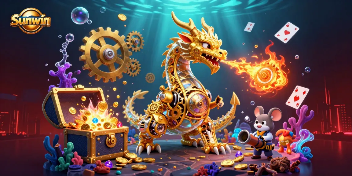 Engage in thrilling gameplay at Sunwin with a vibrant illustration of a golden dragon among treasure and playing cards.