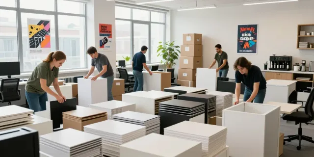 Professionelles Team bei der Büroentrümpelung Wien, Möbel und Dokumente effizient sortierend.