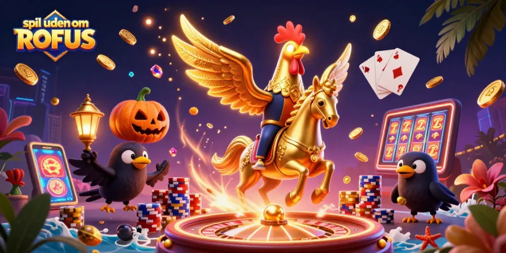 Engage in spil uden om ROFUS with vibrant casino elements and dynamic characters in a lively scene.