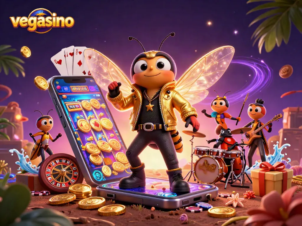 Experience thrilling wins at vegasino with a lively rock star and game-themed elements.