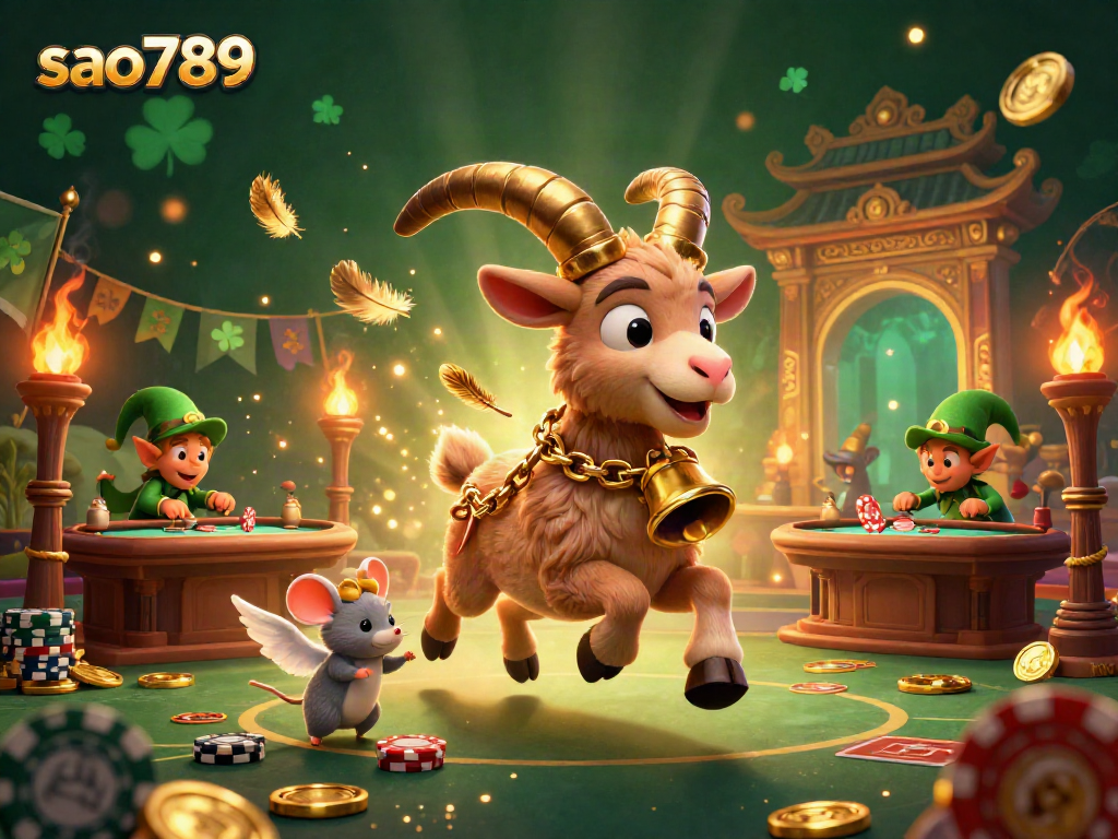 Sao789 casino scene with playful Krampus goat and angel mouse managing elf gremlins stealing poker chips.