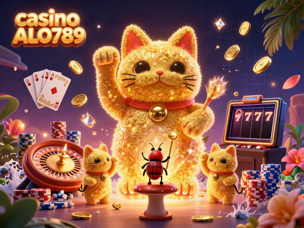 Win big with exciting games at casino ALO789 featuring a vibrant illustration of a lucky cat and classic casino icons.