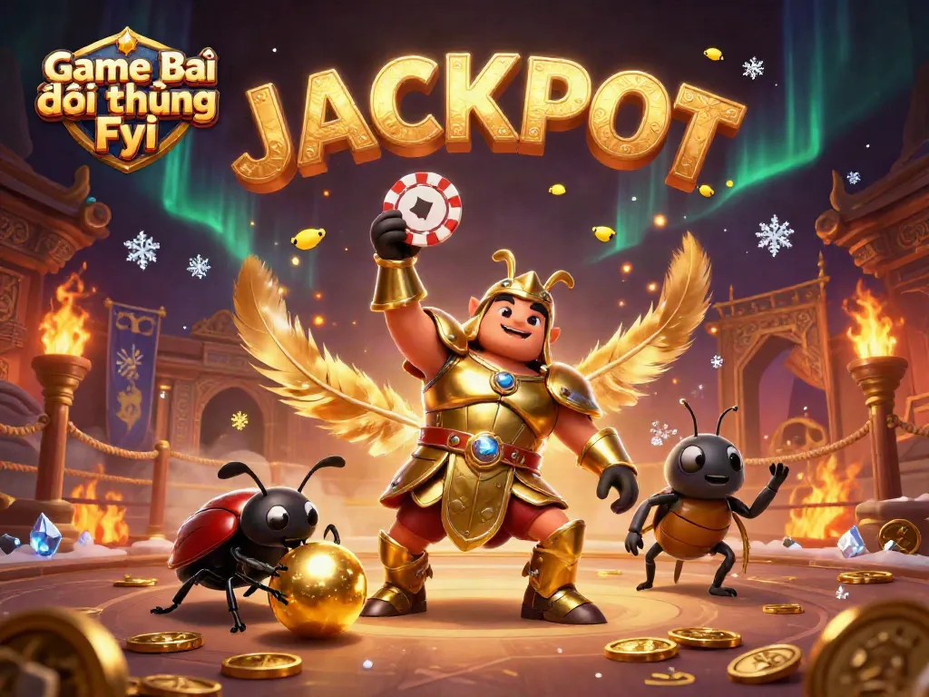 Play exciting games and achieve victories with Game Bài Đổi Thưởng Fyi illustrated through vibrant characters and casino elements.