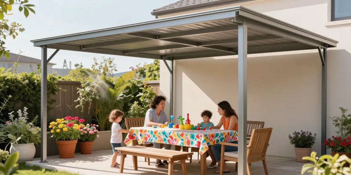 Familie genießt ihre Terrassenüberdachung in einem sonnigen Garten, perfekte Atmosphäre für entspannte Stunden.