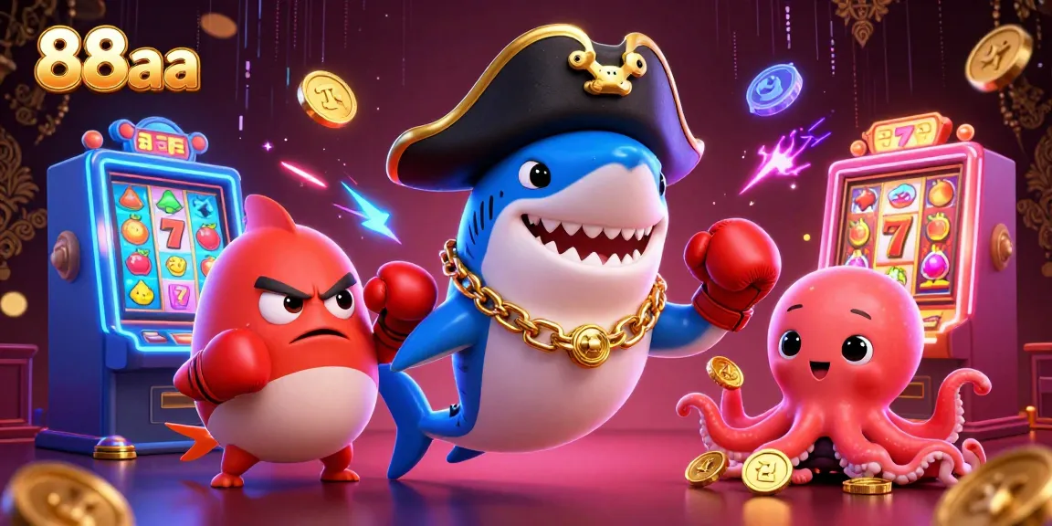 Experience thrilling slots with 88aa, featuring cartoon pirate shark and vibrant gold coins.