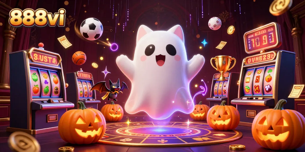 Play thrilling games at 888vi Casino with a ghost cat and bat amidst dynamic gambling action.