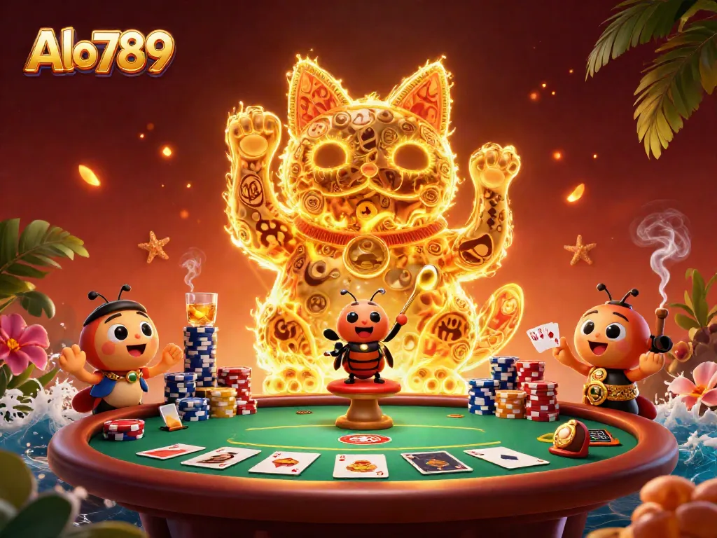 Engage with Alo789's vibrant casino scene featuring a lucky cat and colorful poker elements.