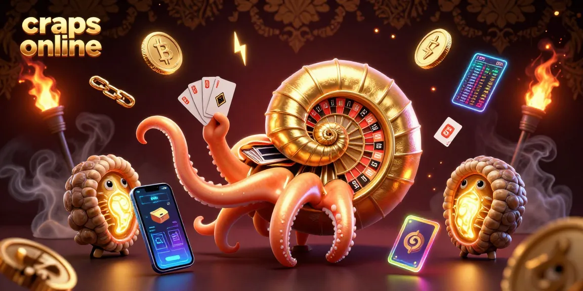 Experience craps online in a vibrant 3D casino scene filled with neon coins and glowing cards.