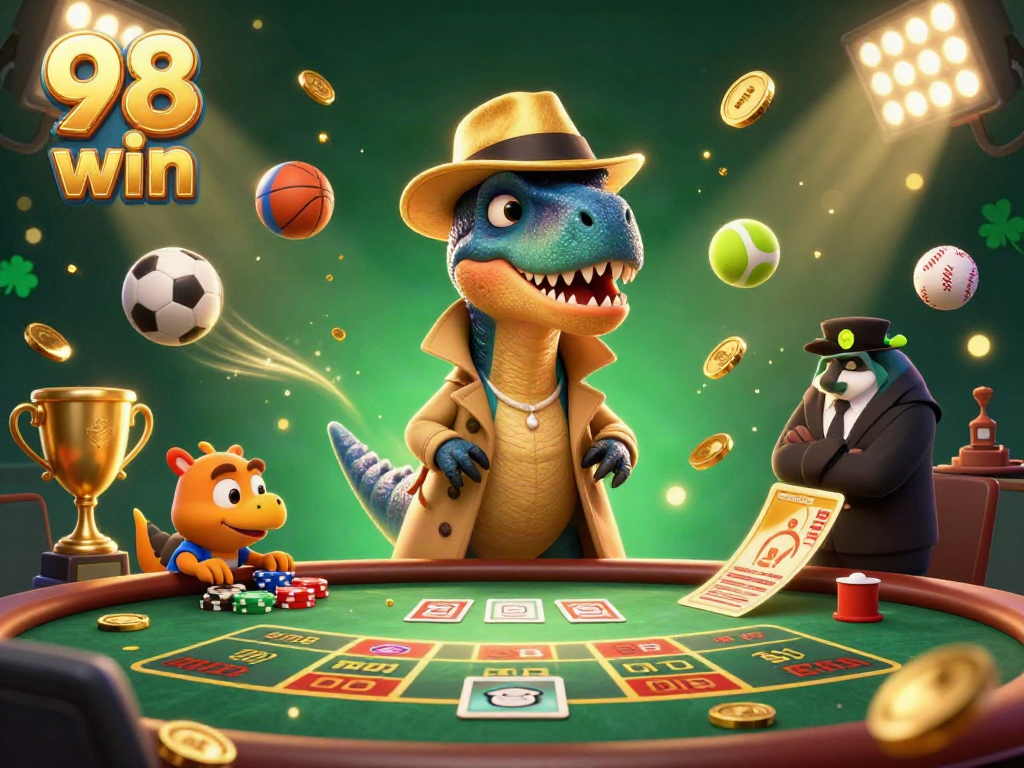 Experience thrilling casino action with 98 win, showcasing a velociraptor card counter at blackjack under vibrant lights.