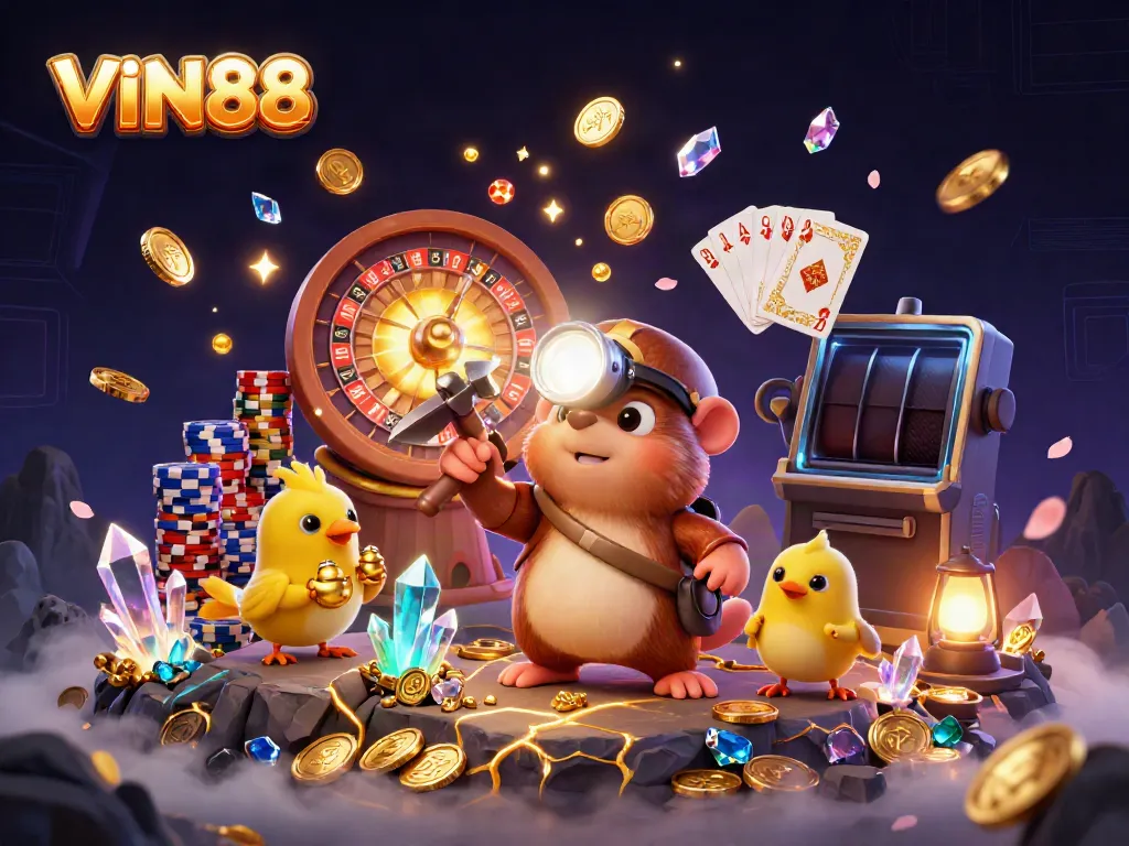Experience thrilling wins at VIN88 with a treasure-hunting mole in a vibrant casino scene.