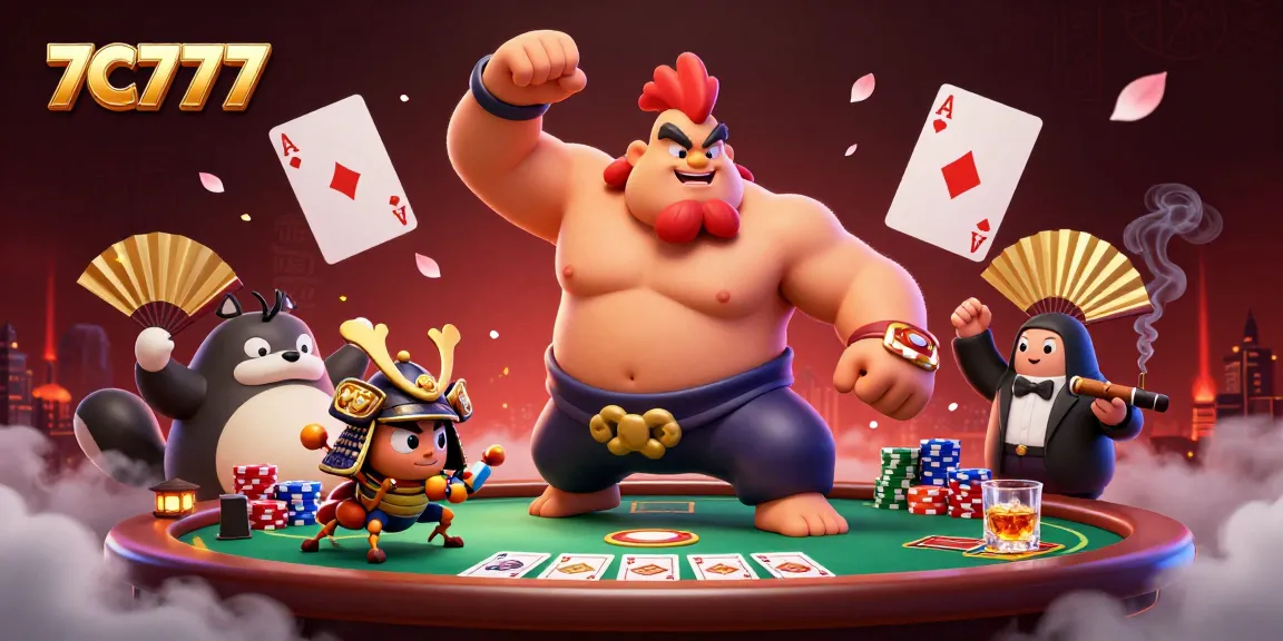 Engage with 7C777 in a thrilling poker showdown featuring a powerful sumo rooster and samurai cricket