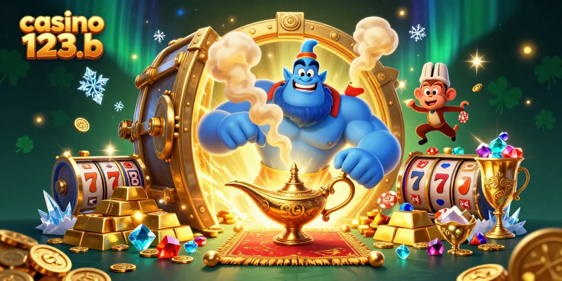 Experience the thrill of winning at casino 123b with this vibrant 3D illustration featuring a genie, poker chips, and rich treasures.