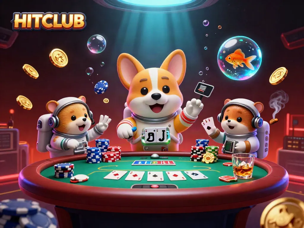 Experience HITCLUB's vibrant casino adventure with a floating corgi, chips, and glimmering casino elements.