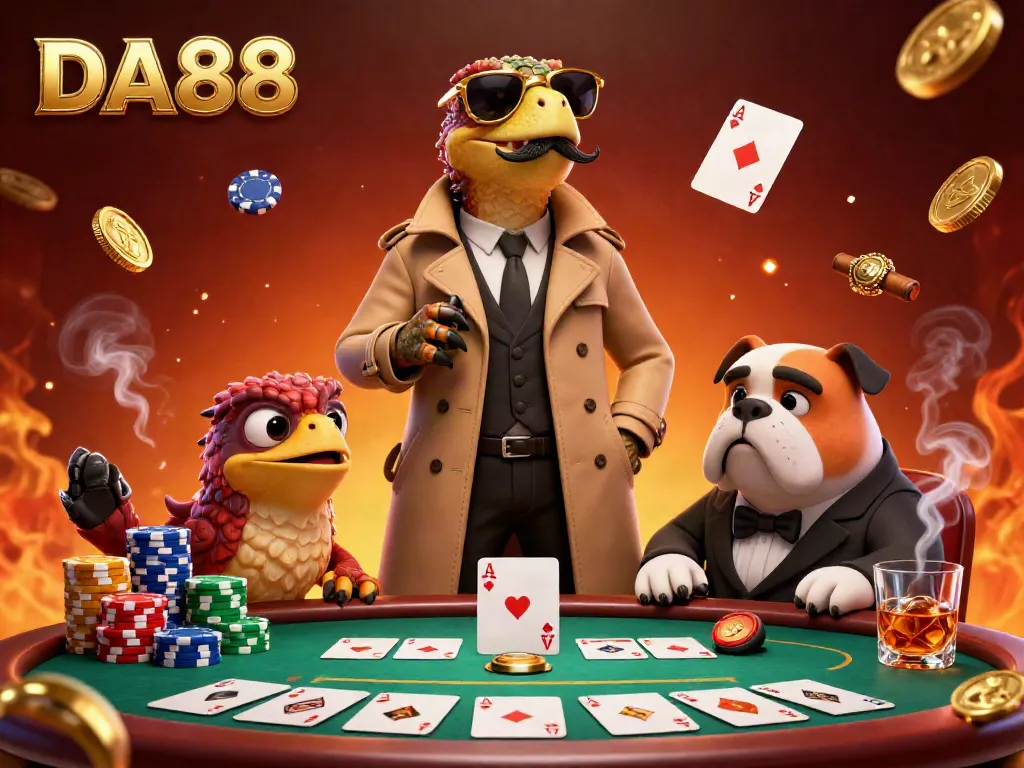 Raptors in a trench coat humorously trying to enter a VIP lounge at a casino, showcasing DA88.