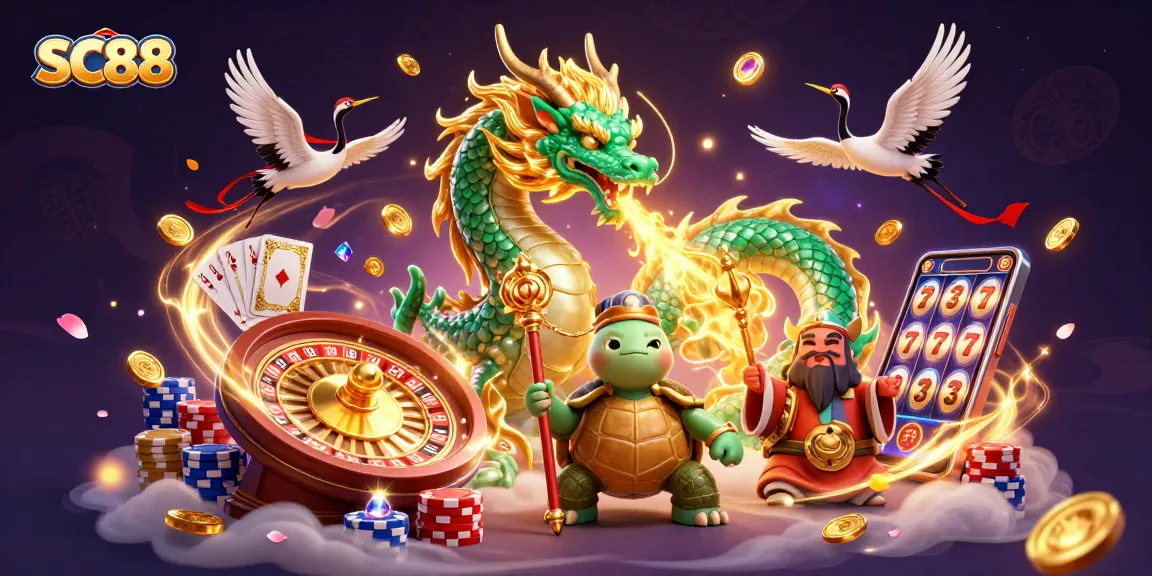 Experience thrilling gameplay at SC88 with a jade dragon, lucky cranes, and spinning roulette wheel.