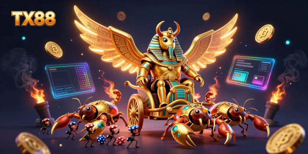 Join the excitement at TX88 with virtual gaming, illustrated by a golden scarab beetle and scorpions.