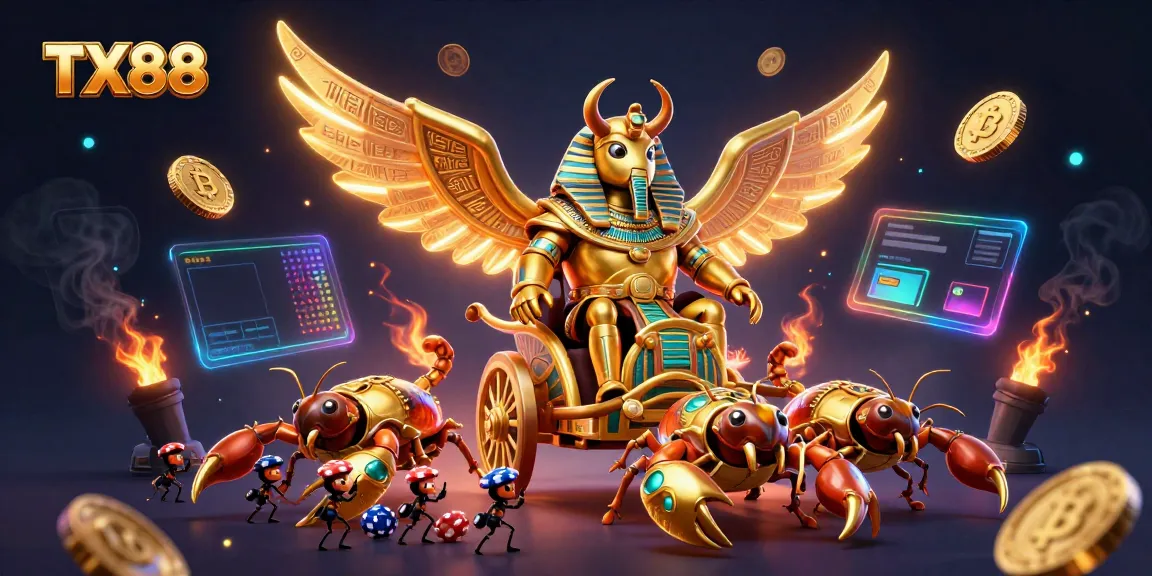 Join the excitement at TX88 with virtual gaming, illustrated by a golden scarab beetle and scorpions.