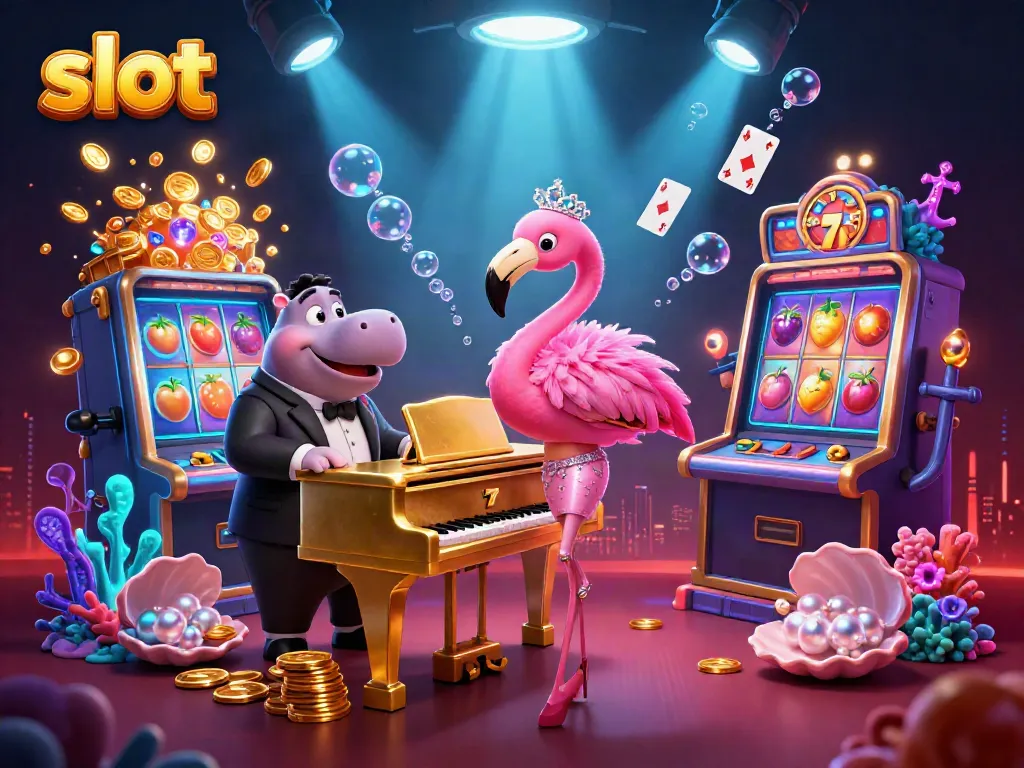 Engage with slot excitement in a vibrant casino scene featuring a flamingo singer and hippo bassist