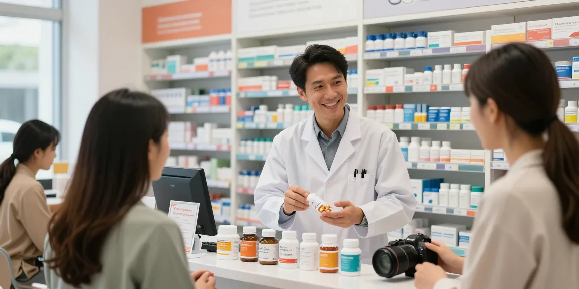 Medi Pharma Shop zeigt einen Apotheker, der einem Kunden bei Gesundheitsprodukten in einer einladenden Apotheke hilft.