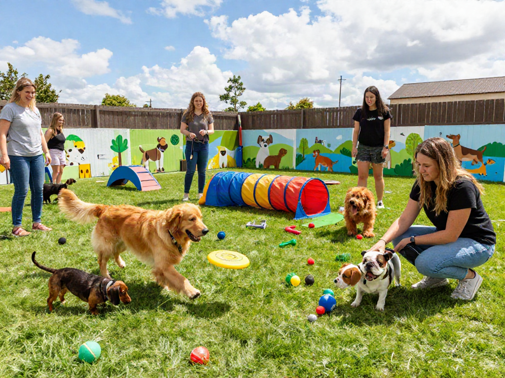 Exciting dog daycare scene with playful dogs and staff in vibrant atmosphere showcasing slot88 pet care activities.