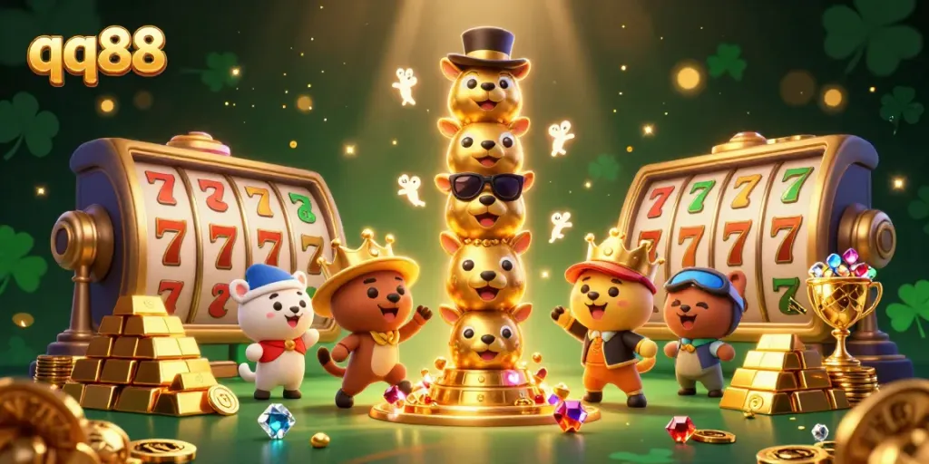 Engage with qq88's vibrant casino experience, featuring dynamic slot reels and sparkling treasures.