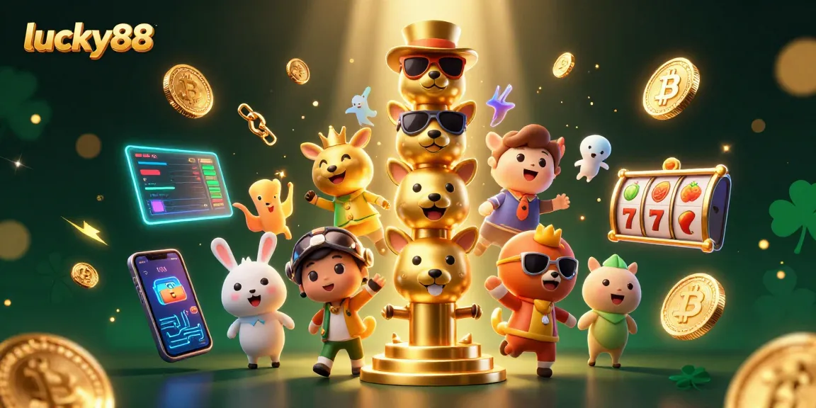 Spin reels with lucky88 in a vibrant 3D casino scene featuring crypto elements.