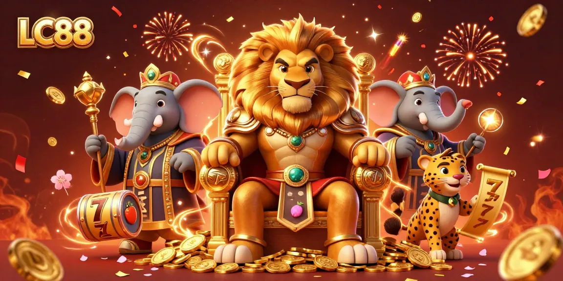 Join the excitement at LC88 as a lion king sits atop a throne of coins, surrounded by vibrant gaming elements.
