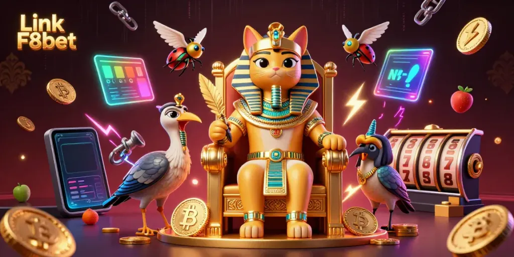 Engage with the vibrant Link F8bet casino scene showcasing Egyptian pharaoh cat and crypto elements.