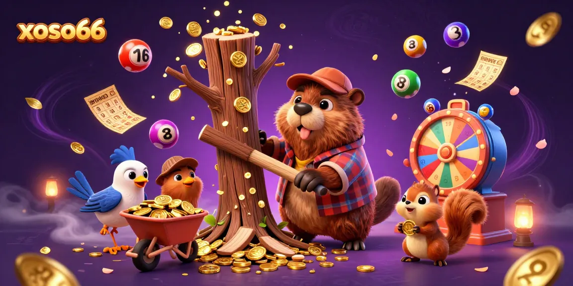 Experience thrilling winnings at xoso66 with a vibrant illustration of a beaver character surrounded by lottery elements and gold coins.