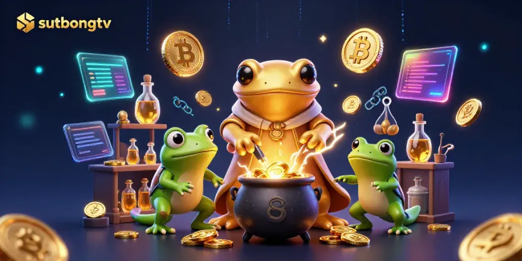 Sutbongtv engages audiences with a captivating illustration of alchemists in a mystical lab turning metals into gold coins.