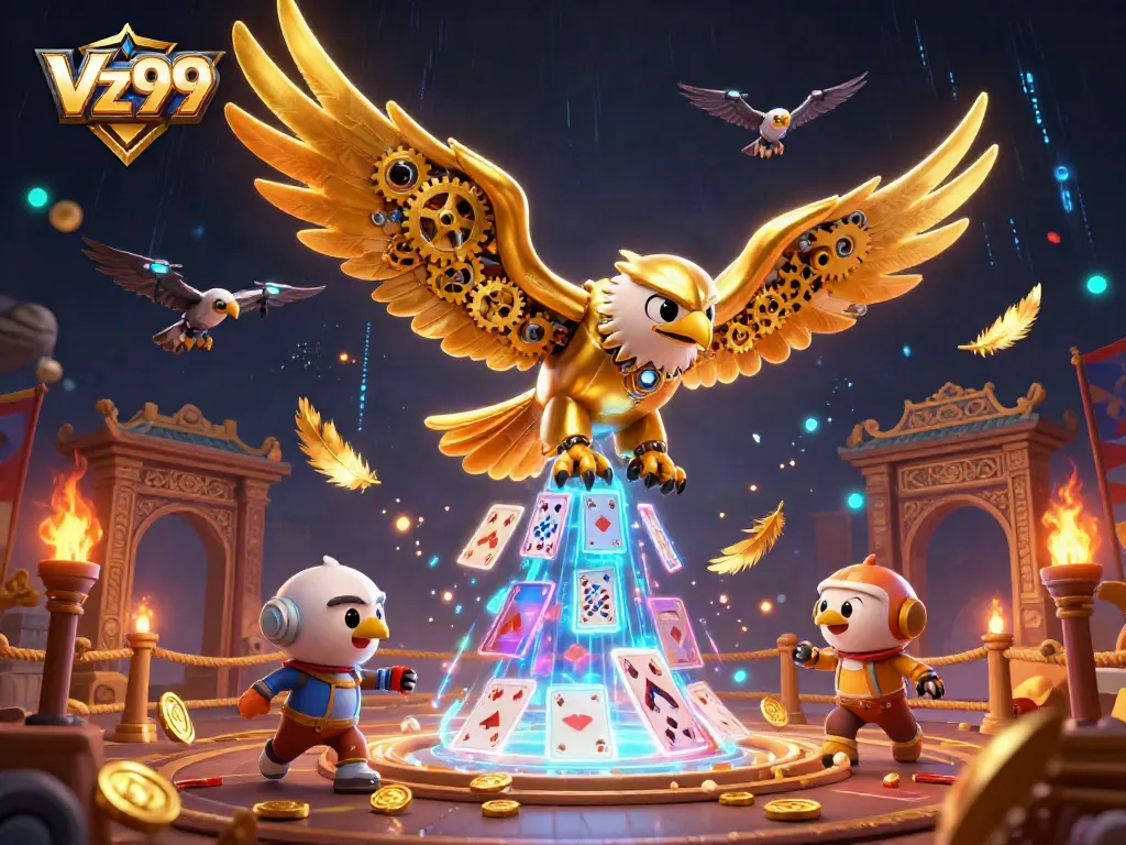 Experience the thrilling world of Vz99 with a striking 3D golden eagle surrounded by dynamic gambling elements.