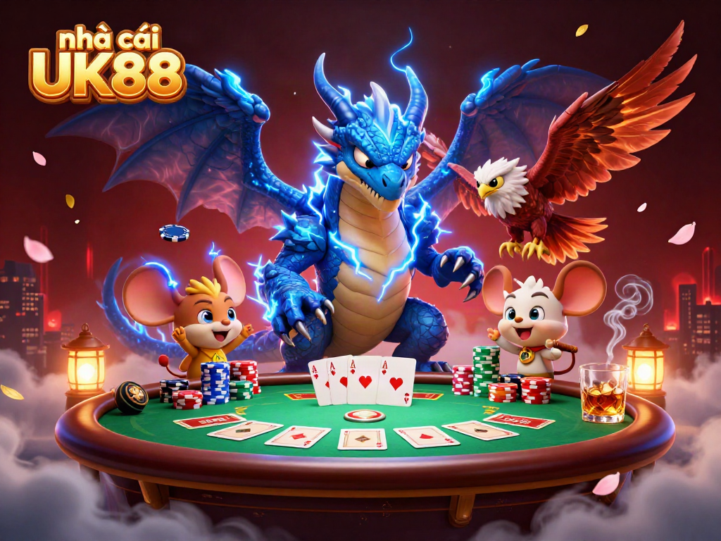 Experience thrilling action at nhà cái UK88 with a vibrant scene of dramatic gaming elements and vibrant characters.