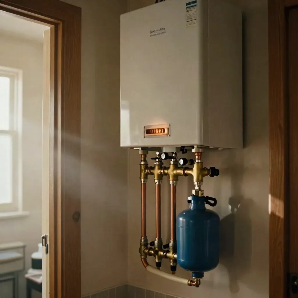Moderne Heizungsinstallation mit Wandkessel und Kupferrohren im warmen Hauswirtschaftsraum.