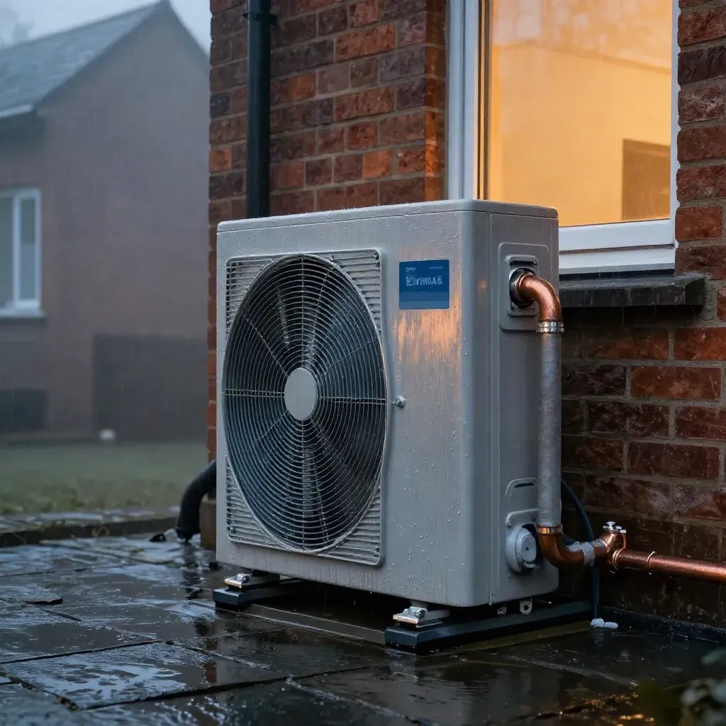 Wärmepumpe vor Backsteinhaus bei Morgennebel auf nassem Schiefer