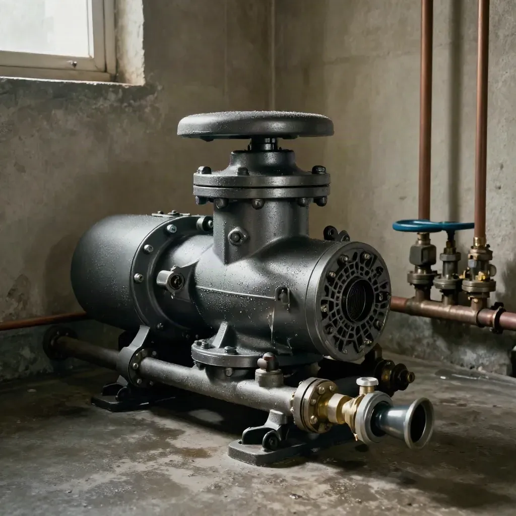 Reparierte Heizungsanlage im Keller mit neuem Pumpengehäuse und Kondensatfalle in Betrieb.