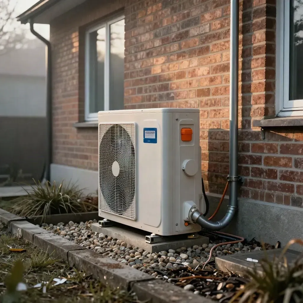 Außenaufstellung einer Wärmepumpe am Reihenhaus in Potsdam im Morgennebel