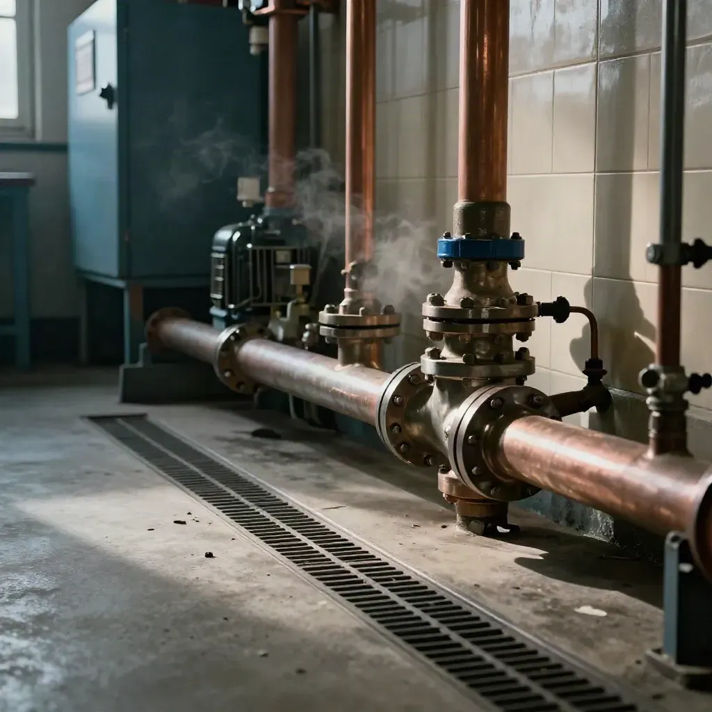 Boilerraum mit neuer Umwälzleitung, trockenem Ablauf und leichtem Dampf