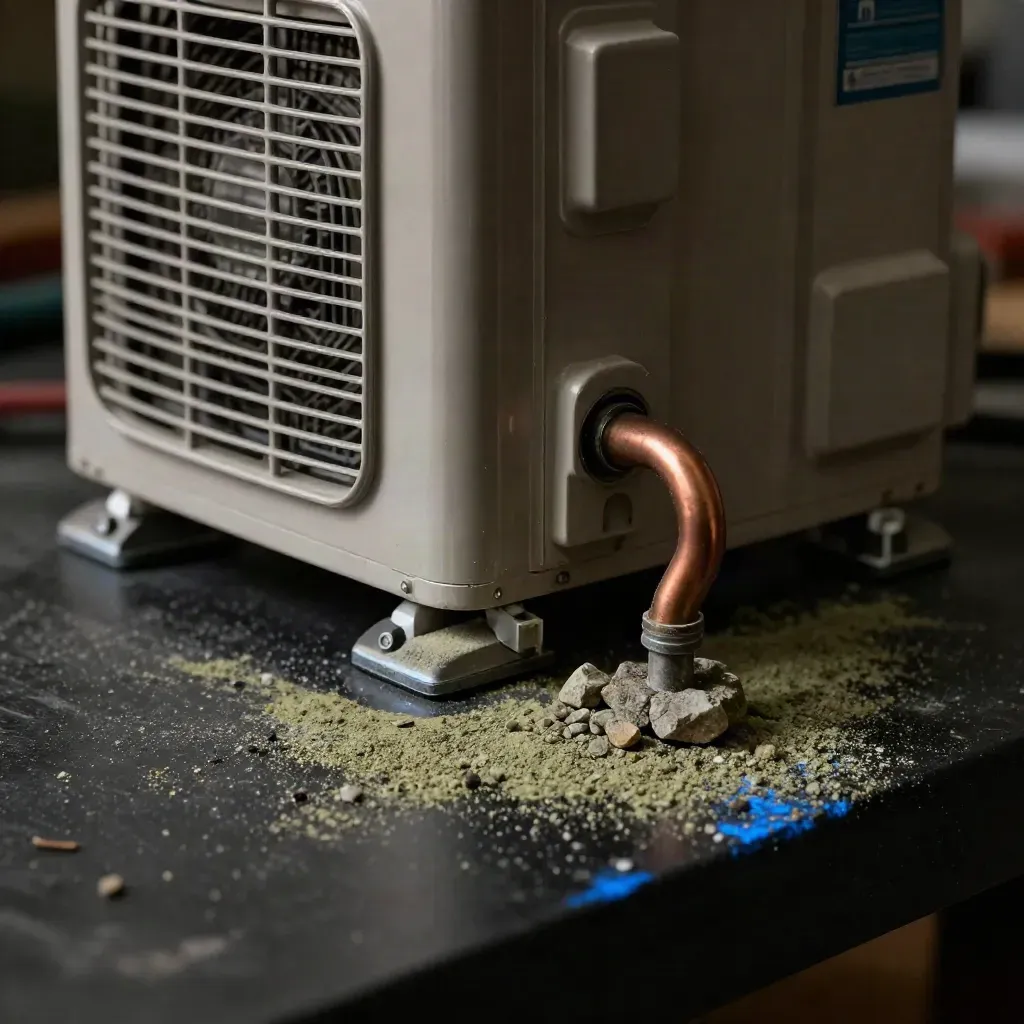 Makro eines Wärmepumpenmodells mit Kupferbogen und Kiesprobe auf dunkler Werkbank.