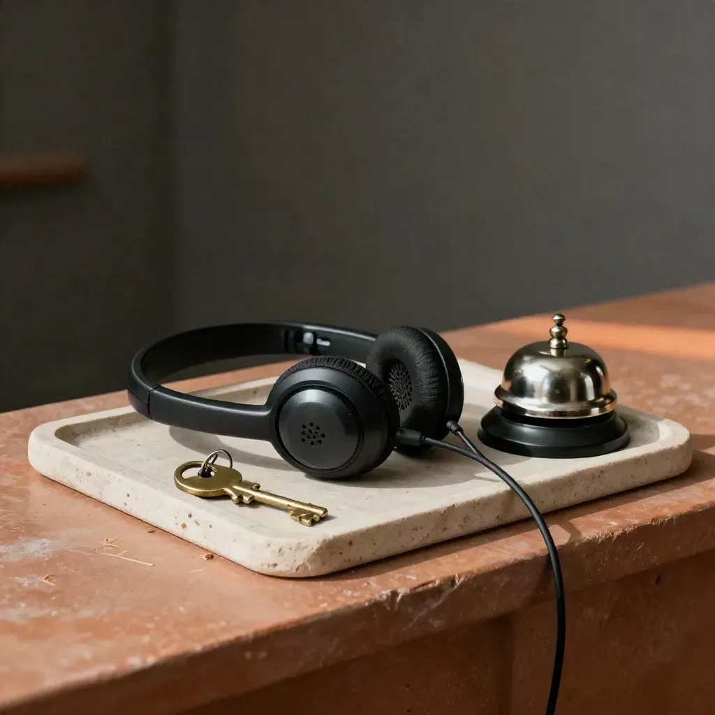 Headset, Telefonhörer, Schlüsselring und Serviceklingel auf einer Steinplatte.